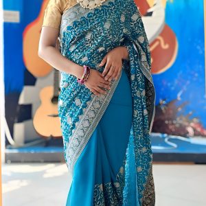 Georgette Silk Saree With Shimmer Thread Embroidery with Blouse pcs