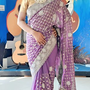 Georgette Silk Saree With Shimmer Thread Embroidery with Blouse pcs