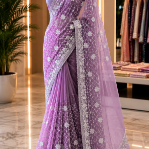 Georgette Silk Saree With Shimmer Thread Embroidery with Blouse pcs