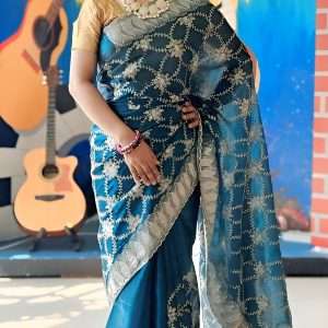 Jimichu  Saree with Zarcan Stone And Cut Work Borderwith blouse pcs