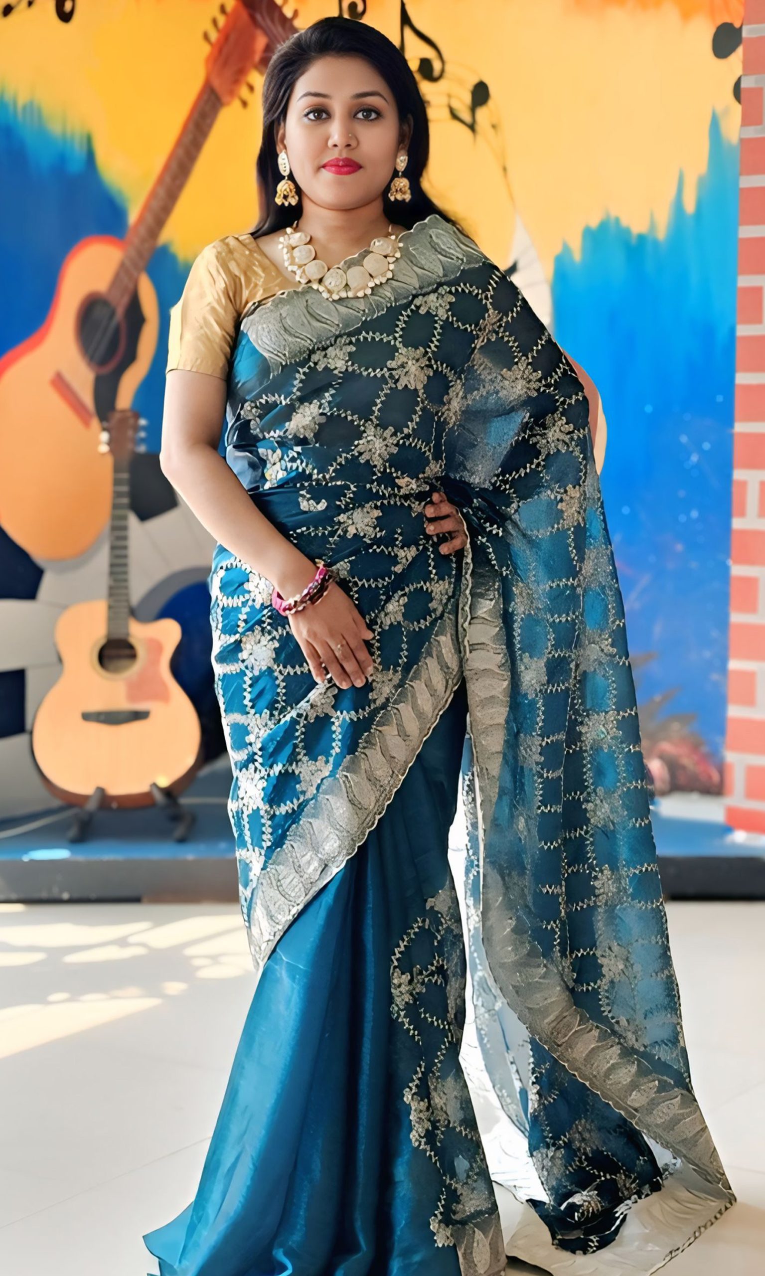 Jimichu Saree with Zarcan Stone And Cut Work Borderwith blouse pcs