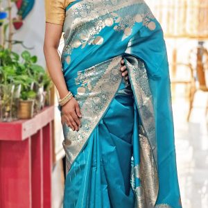 Indian pure katan saree with golden jari stripe with blouse pcs