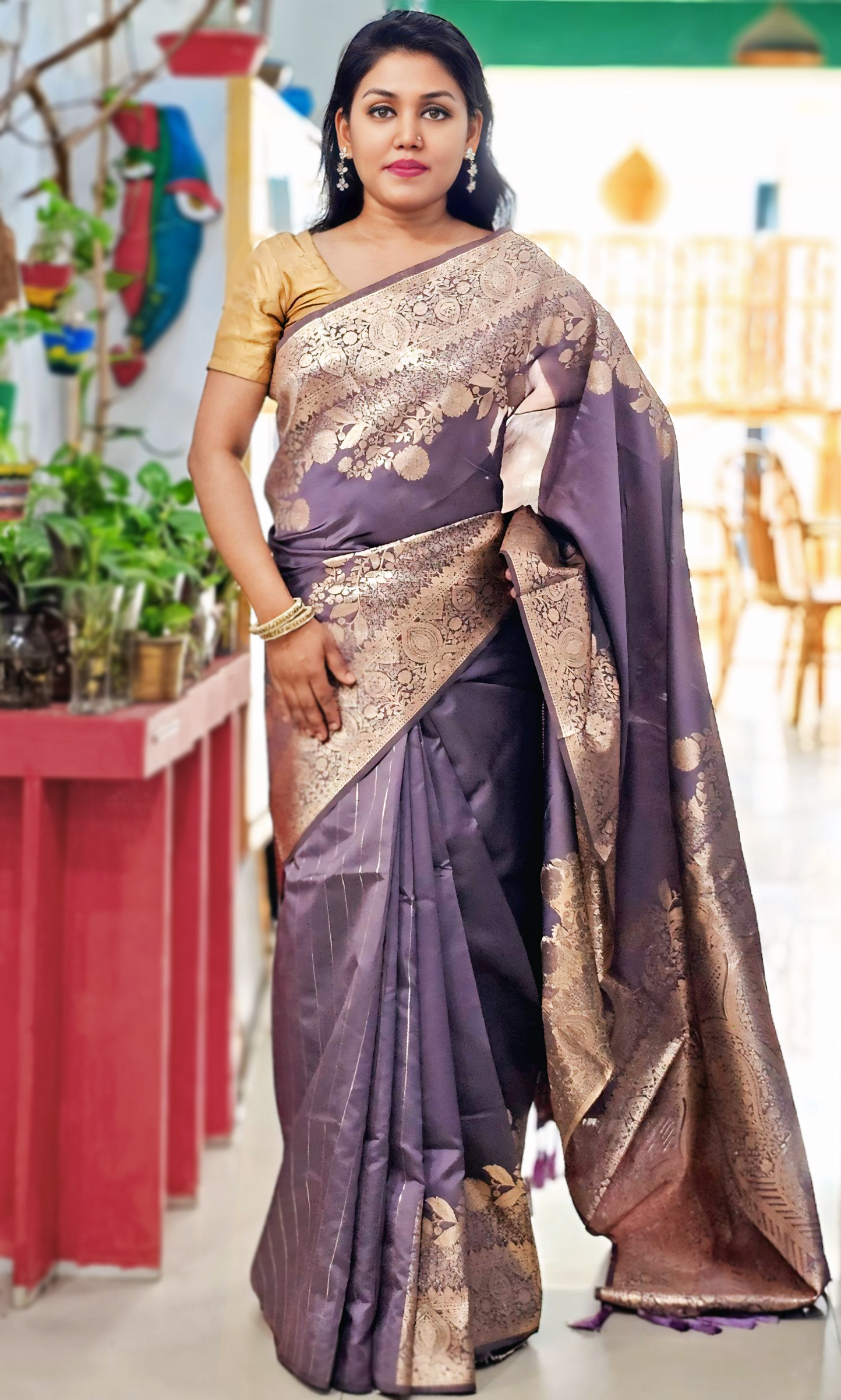 Indian pure katan saree with golden jari stripe with blouse pcs