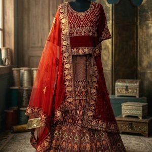 Stitched  Embroidered Velvet Lehenga.This attire with Poly Shantoon Lining is Enhanced with Resham, Zari, Dori and Stone Work.Top Size -44(Free Size)