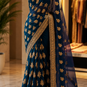 Georgette saree features intricate gold floral embroidery with Blouse pcs
