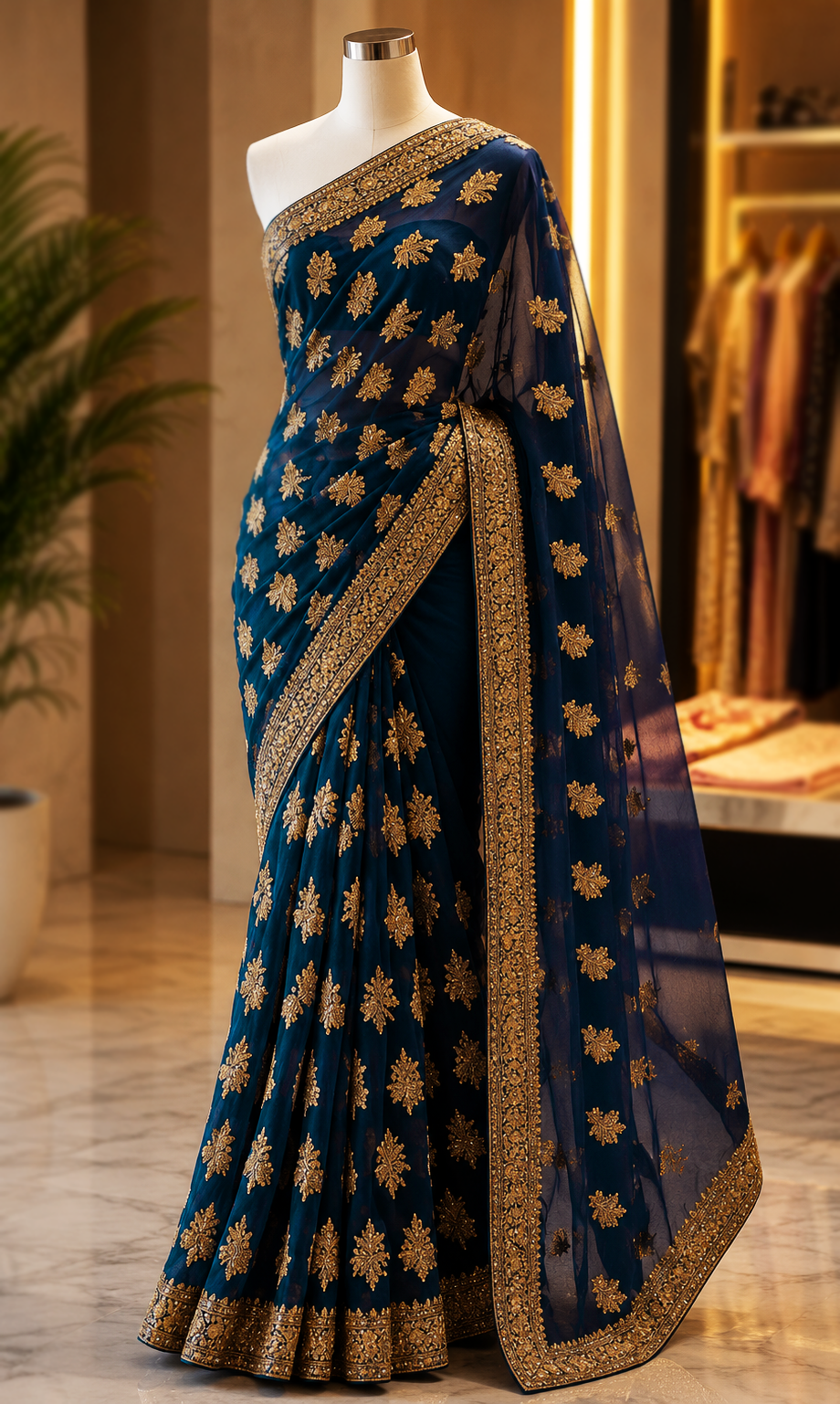 Georgette saree features intricate gold floral embroidery with Blouse pcs