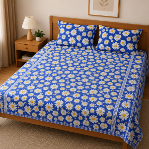 Mixed Cotton Print 7.5/6.5 Feet Bedsheet Set With Two Pillow Covers