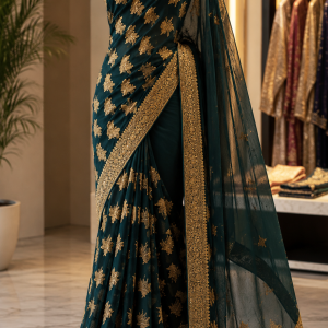 Georgette saree features intricate gold floral embroidery with Blouse pcs