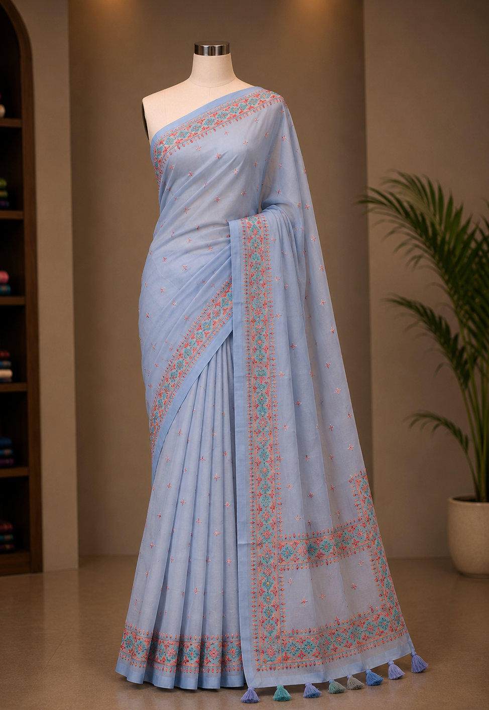 Soft organza kashmiri suta kaj saree with Blouse pcs with Tassel