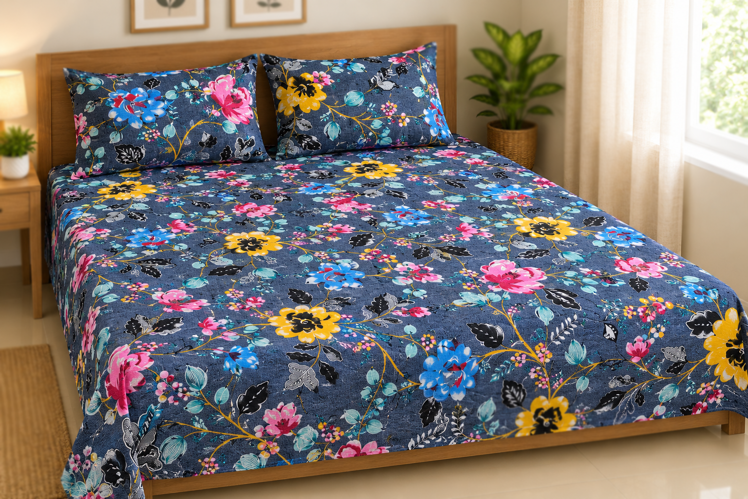 Mixed Cotton Print 7.5/6.5 Feet Bedsheet Set With Two Pillow Covers