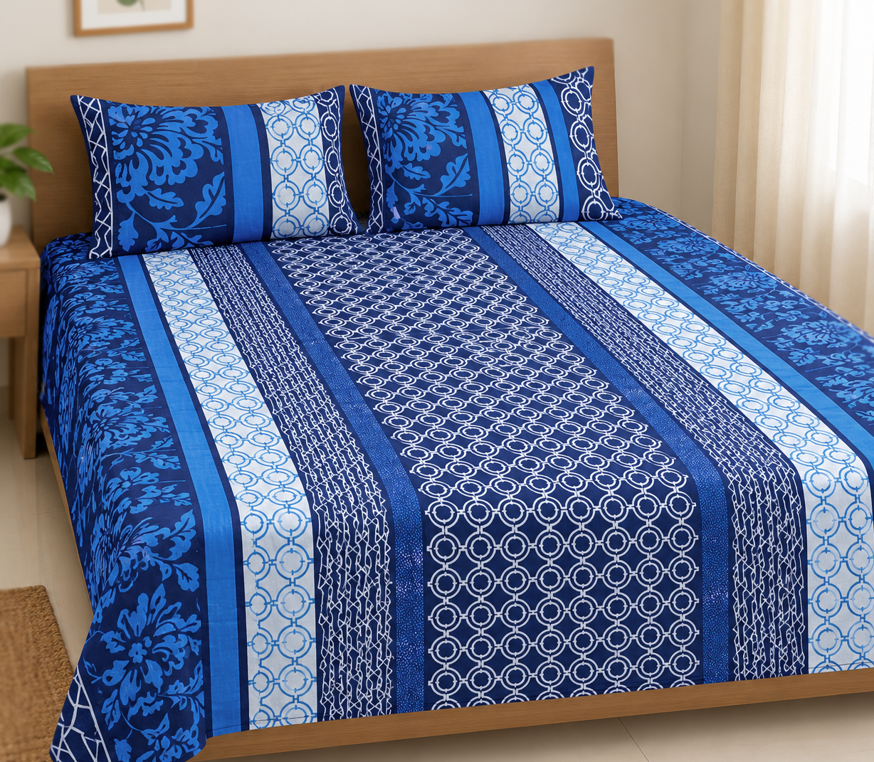 Mixed Cotton Print 7.5/6.5 Feet Bedsheet Set With Two Pillow Covers