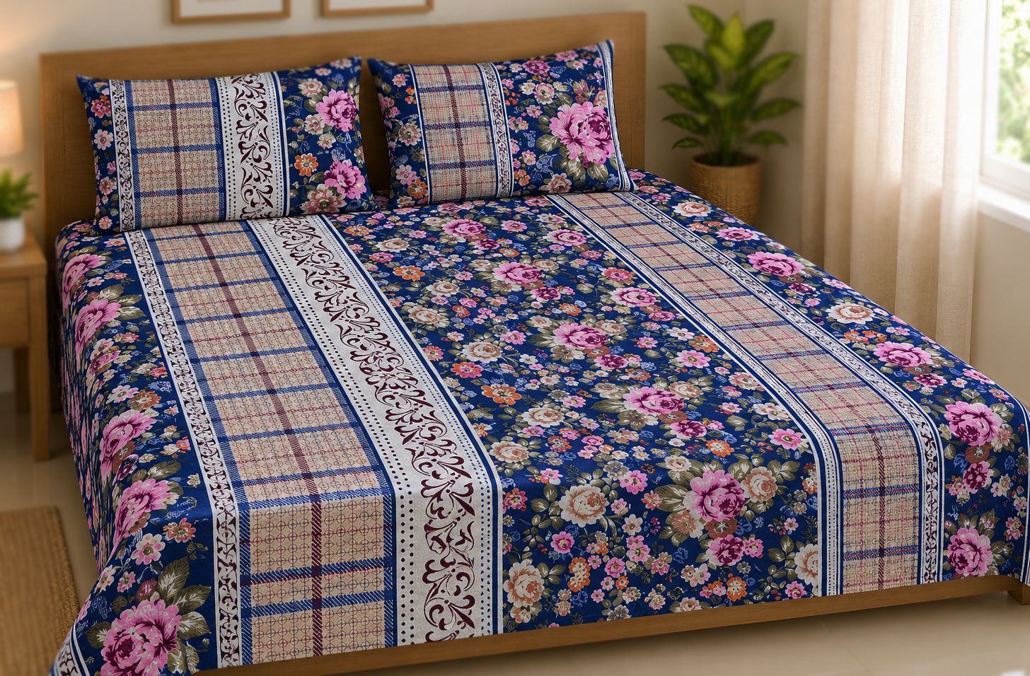 Mixed Cotton Print 7.5/6.5 Feet Bedsheet Set With Two Pillow Covers